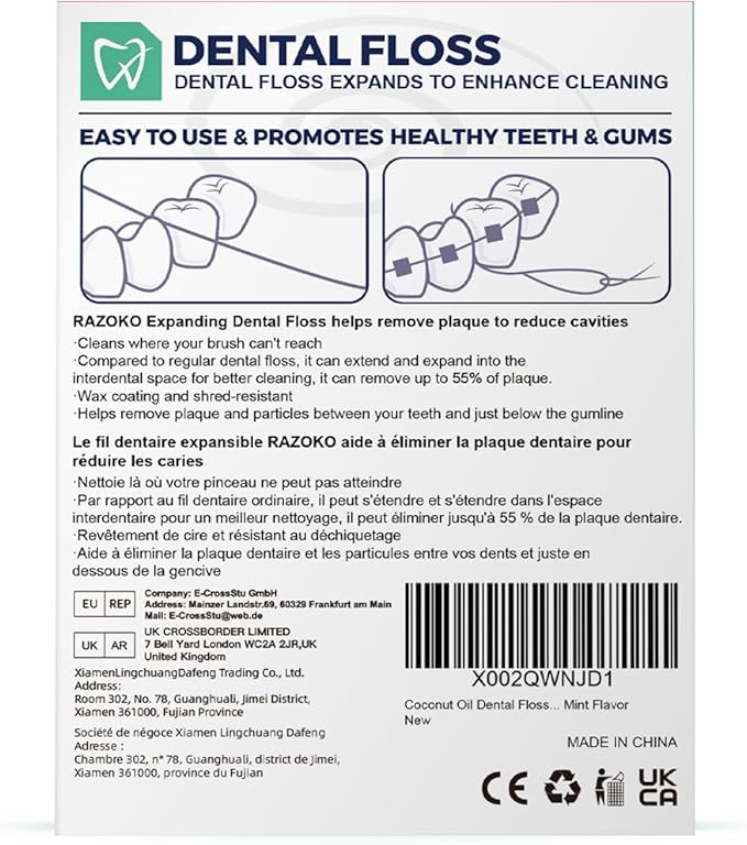 RAZOKO Expanding Dental Floss for Wide Spaces (55 Yards, 4 Pack), Shred-Resistant Thick Floss with Refreshing Light Mint Flavor, Fluoride-Free Deep Cleaning for Teeth & Gums, Total 220 Yards