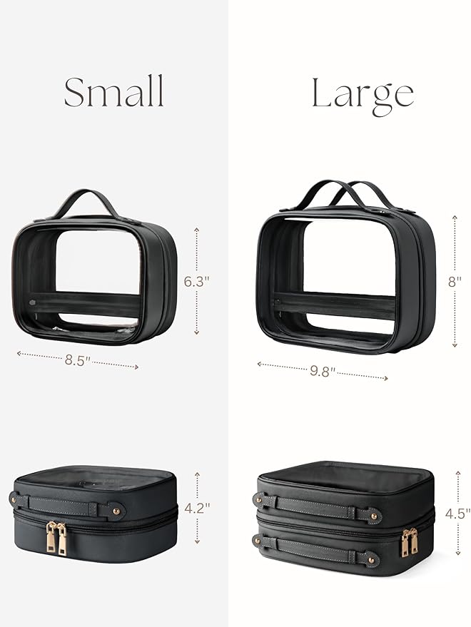 Oaque Clear Cosmetic Bag Double Layer Travel Toiletry Bag Clear Makeup Bag Case with 4 Compartments, Transparent Travel Bag for Toiletries, Large Toiletry Bag for Women Cosmetic Case (Black, Large)