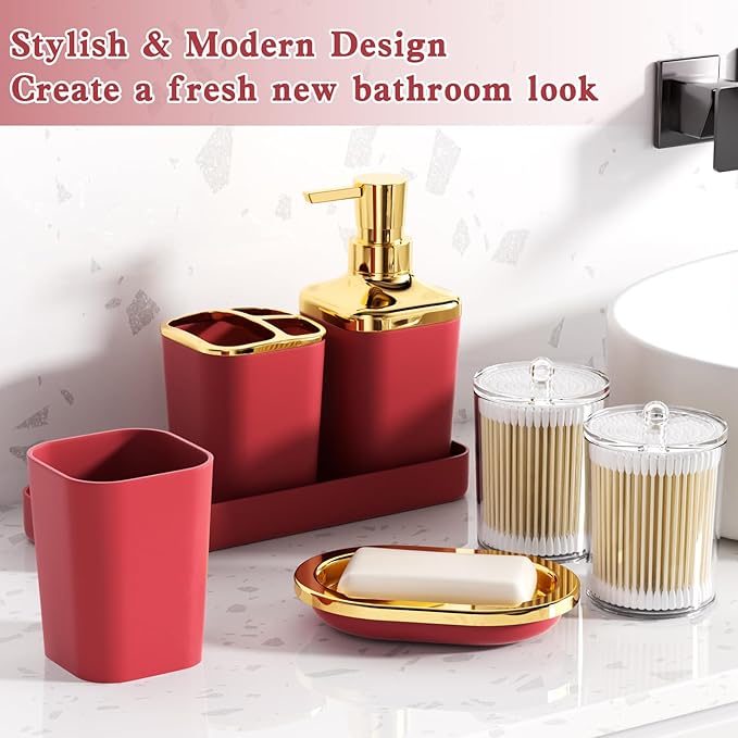 XLHOMO Bathroom Set – Burgundy Bathroom Accessories with Ombre Shower Curtain, Bathroom Accessories Set with Trash Can Soap Dispenser Soap Dish for Home