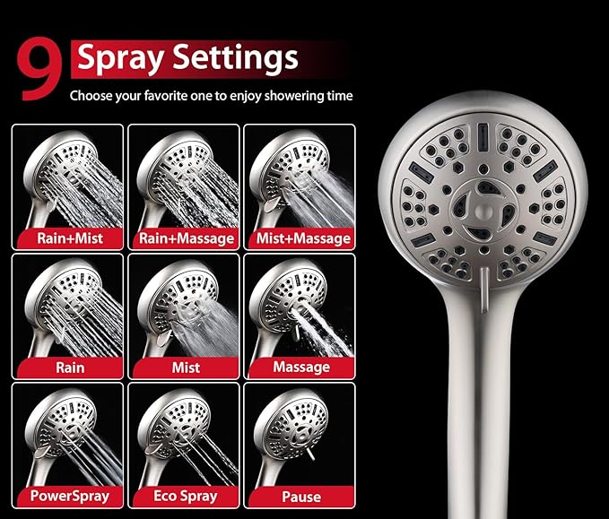 GRICH 2.5GPM Shower Head with Handheld Spray Combo: 2 in 1 Rainfall Shower Heads high pressure & Handheld Shower Head, 9 Spray Modes/Settings Detachable Shower Head with 60 Inch Hose, Nickel