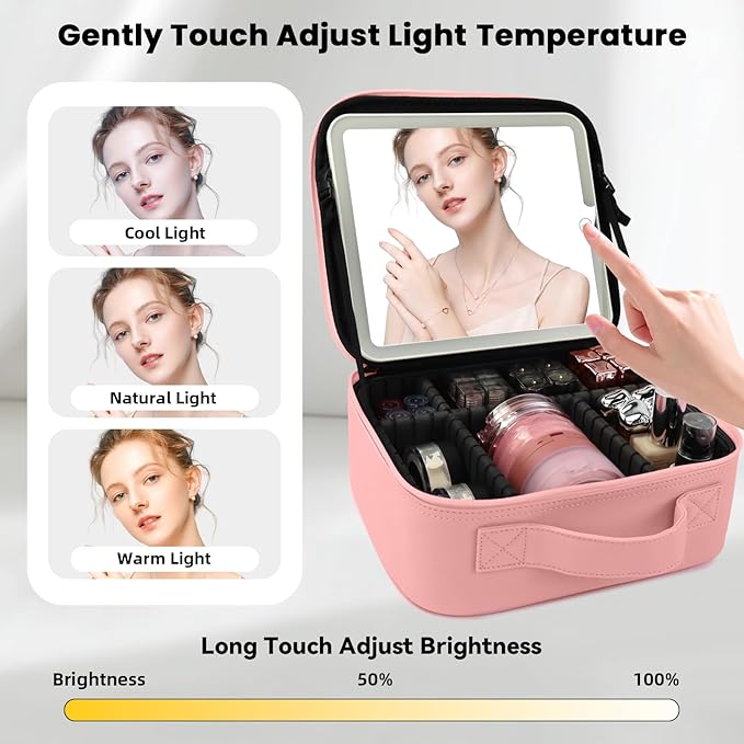 SUILU Travel Makeup Bag with LED Mirror Makeup Case with Light Up Mirror Portable Cosmetic Brush Organizer Bag with Adjustable Dividers for Cosmetics Makeup Brushes Toiletry (Pink)
