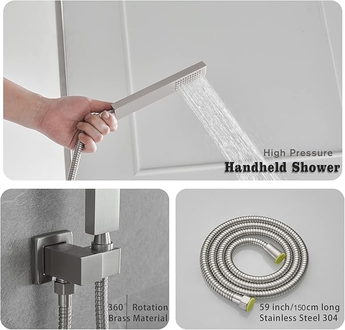 annazom Shower Faucet Combo Set with Shower Spray Wand Large 12 Inch Shower Head Brushed Nickel Surface High Pressure with Rough-in Valve, Brushed Nickel