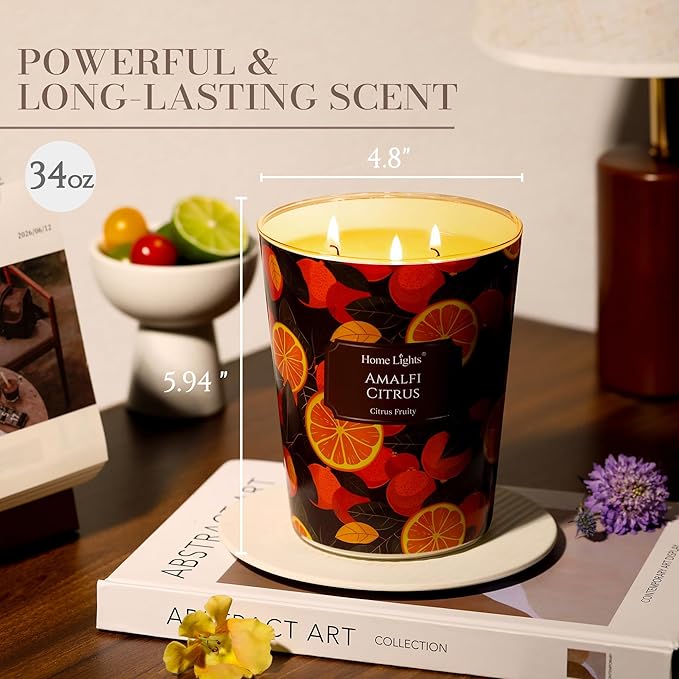 HomeLights Scented Candles | Large Jar 34 Oz Natural Soy Candle | 130 hrs Long-Lasting with 3 Wicks | Eclectic Mixed Styles Home Decor | Gifts for Mom & Women, Amalfi Citrus