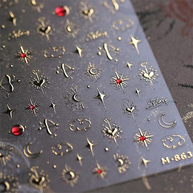 5D Embossed Gold Nail Stickers for Nail Art Star Nail Art Stickers 3D Self-Adhesive Nail Decals Gold Heart Moon Design Nails Charm Nail Supplies Star Manicure Decorations for Women Girls