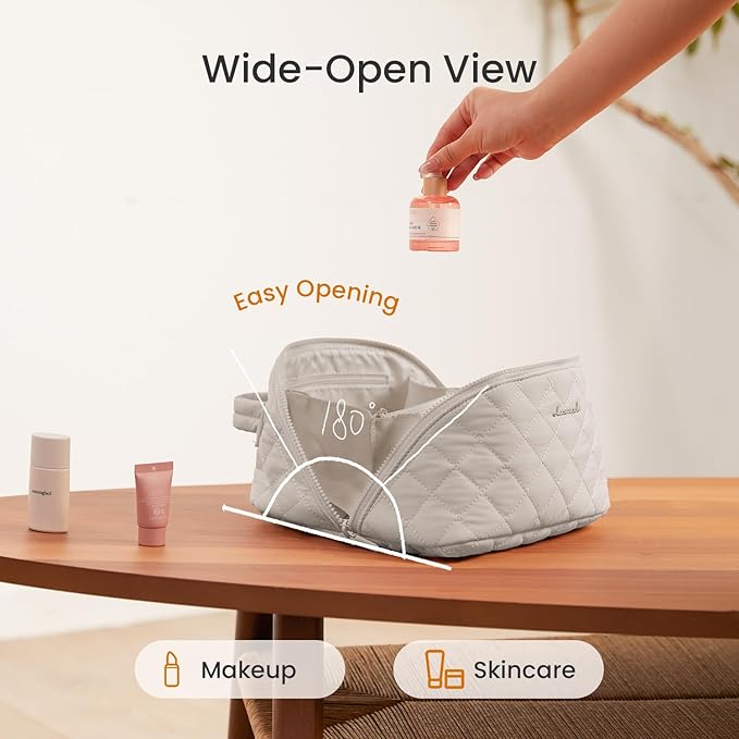 LOVEVOOK Travel Makeup Bag for Women, 2Pcs Puffer Waterproof Cosmetic Organizer, Large Capacity Pouch Open Flat Small Toiletry Bag with Brush Compartment & Handle (Light khaki, Small)