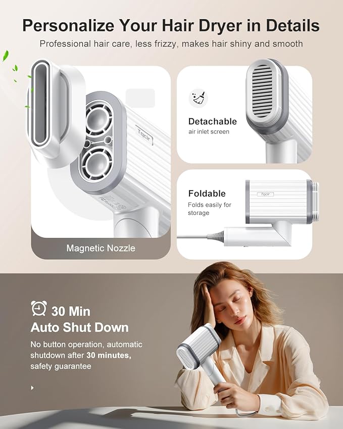 Hair Dryer, 220,000 RPM Dual High-Speed Brushless Motors Blow Dryer for 6X Fast Drying, 500 Million Negative Ionic Hair Dryers for Long Thick Hair, Low-Noise 4 Temps /4 Speeds