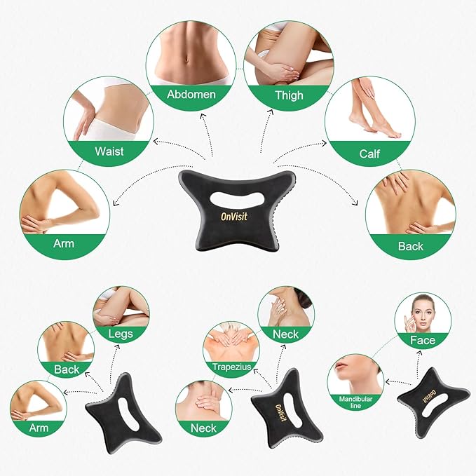 Full Body Gua Sha Tool and Facial Massage Tools, Ergonomic Bian Stone Handle Guasha Scraping for Neck/Arm/Back/Legs andtomach Masseger for Lymphatic Drainage & Cellulite(Black, Large)