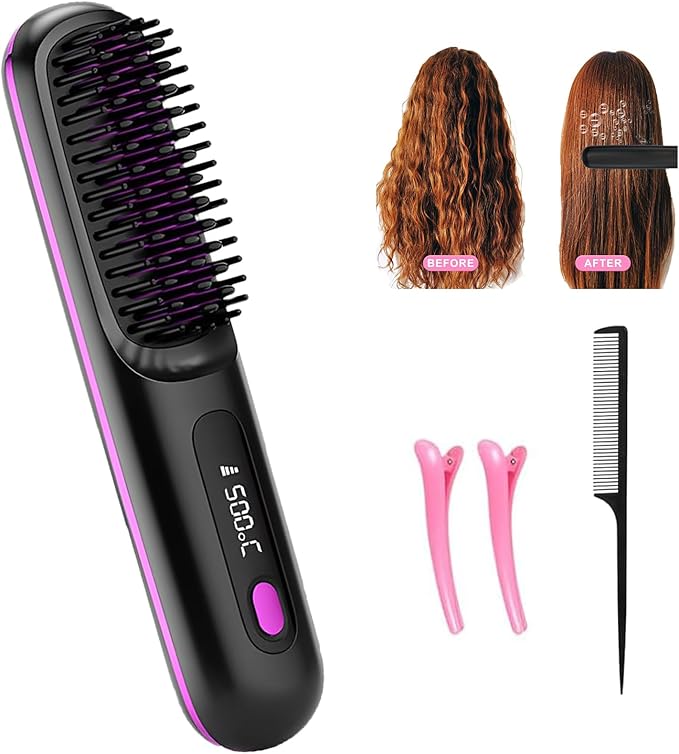 Go Brush Pro - Cordless Hair Straightener, USB Charging, Fast Heating, with LCD Display, Brush Portable Comb for Travel for All Hair Types