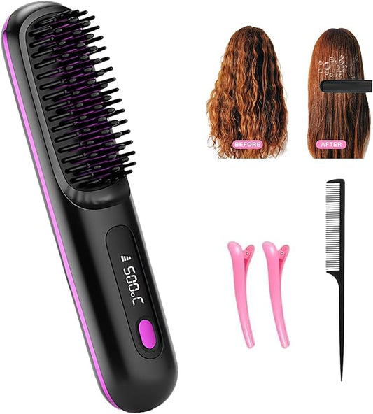 Go Brush Pro - Cordless Hair Straightener, USB Charging, Fast Heating, with LCD Display, Brush Portable Comb for Travel for All Hair Types