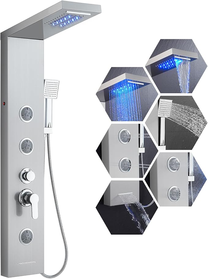 KINKIB LED Shower Panel Tower System, 6-in-1 Shower Tower with Rainfall Waterfall Shower Head, 2 Modes Powerful Body Jets, Handheld Shower and Tub Spout, Stainless Steel Shower Column, Brushed Finish
