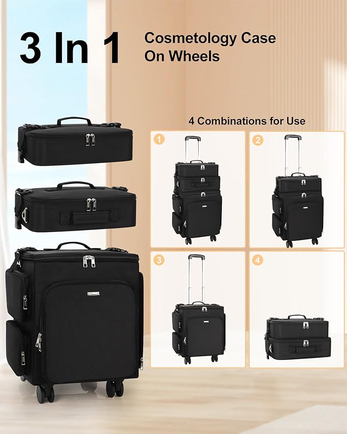 Relavel Rolling Makeup Case, 3 in 1 Hairstylist Traveling Bag Cosmetology Case on Wheels Large Hair Tools Cosmetics Train Case Makeup Artist Storage Organizer Trolley Suitcase with 360° Swivel Wheels
