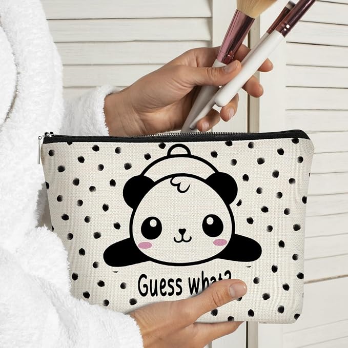 BARPERY Panda Gifts Makeup Bag for Women Girls - Cute Baby Panda 'Guess What It's Pug Butt' Cosmetic Case for Teens Daughter - Accessories (Black and White Dots 1)