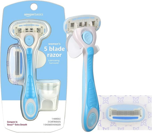 Amazon Basics 5-Blade Razor for Women, Handle, 2 Cartridges & Shower Hanger (Cartridges fit Amazon Basics Razor Handles only) (Previously Solimo)