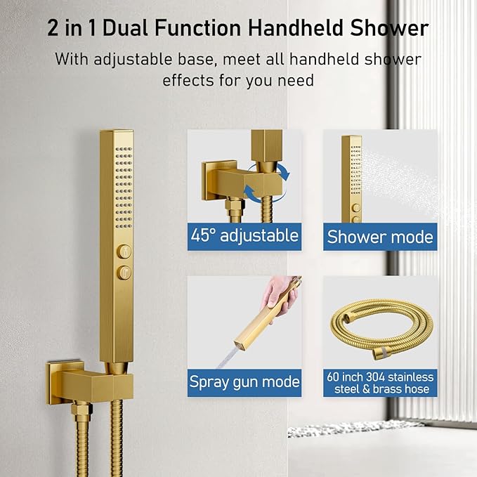 Brushed Gold Shower System, STARBATH Ceiling Mounted 12+8 Inch Rainfall Shower Head with 2 in 1 High Pressure Handhled, Can Use All at Once, Push Button Diverter Thermostatic Valve with Trim Kit