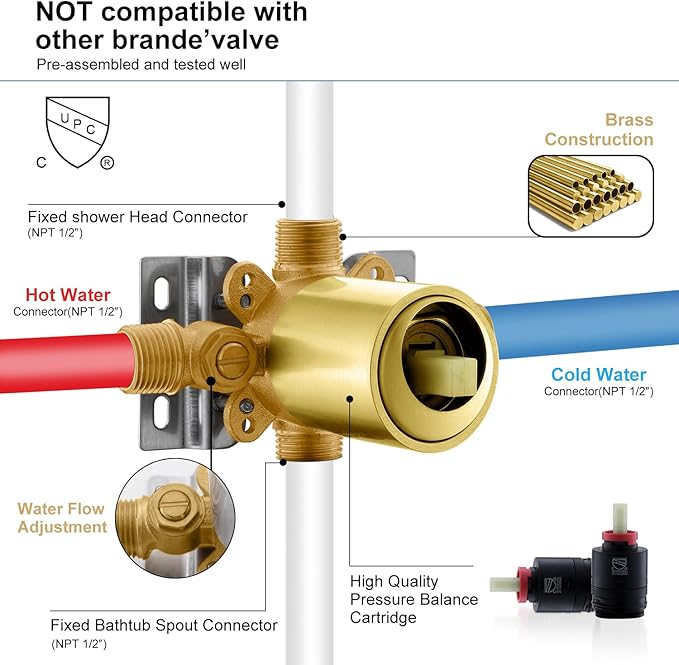 KENES Brushed Gold Tub and Shower Trim Kit, Square Tub Shower Faucet Set Complete with 10-Inch Rainfall Shower Head and Tub Spout, KE-6024A-4 (Shower Valve Included)