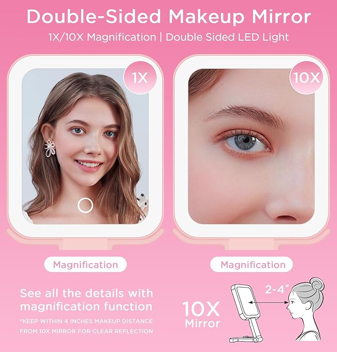 EAONE Travel Makeup Mirror with Lights, Double Sided Magnifying Vanity Mirror 10X/1X with 3 Color Lighting & Dimmable Touch Screen, Compact Handheld Cosmetic Mirror for Bathroom, Women Gifts (Pink)