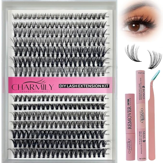 DIY Lash Clusters Kit 280pcs Volume Lashes Extensions 30D+40D Mix, 9-16mm D Curl Soft Eyelash Clusters With Glue Bond Seal Remover Tweezers, Thin band Lashes Clusters Kit Natural Look