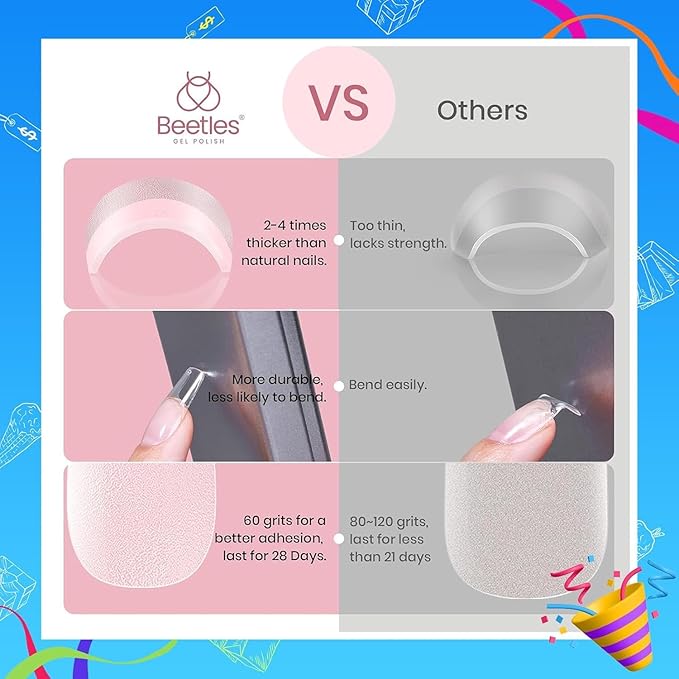 Beetles Gel Nail Tips Etch-X, Square Short, 288Pcs 12 Sizes, Pre-Etched Half Matte Full Cover Soft Acrylic Press on False Nail Tips Easy DIY Glue On Nail Extension Salon Gift for Women Girls