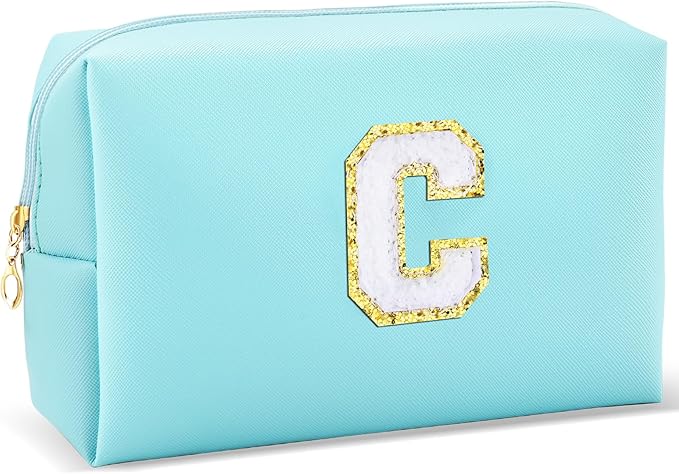 URSKYTOUS Gifts for Girls Initial Makeup Bag Personalized Cosmetic Bag with Zipper Cute Travel Toiletry Bag Waterproof PU Preppy Makeup Pouch Birthday Gift for Teen Girls Women(Blue C)