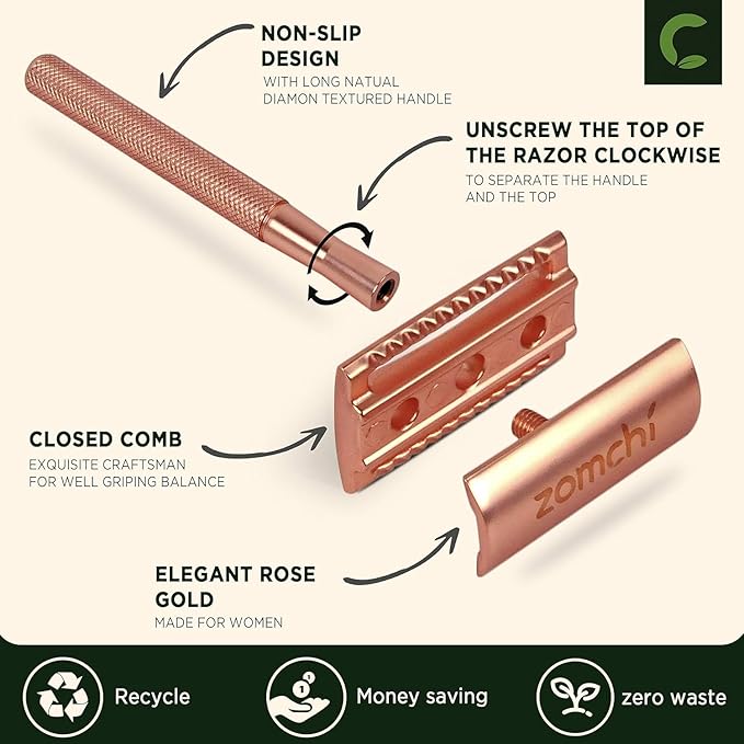 ZOMCHI Safety Razor for Men&Women with 5 Double Edge Safety Razor Blades, Double Edge Razor, Reusable Razor, Plastic Free – Rose Gold