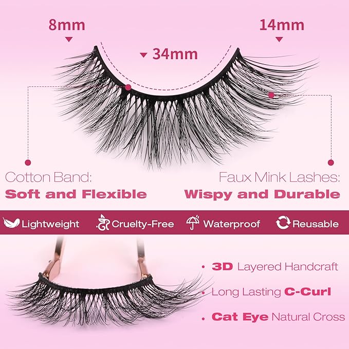 False Eyelashes 14mm Faux 3D Mink Lashes Natural Look Cat Eye Wispy Lashes Pack by Kiromiro, 14 Pairs