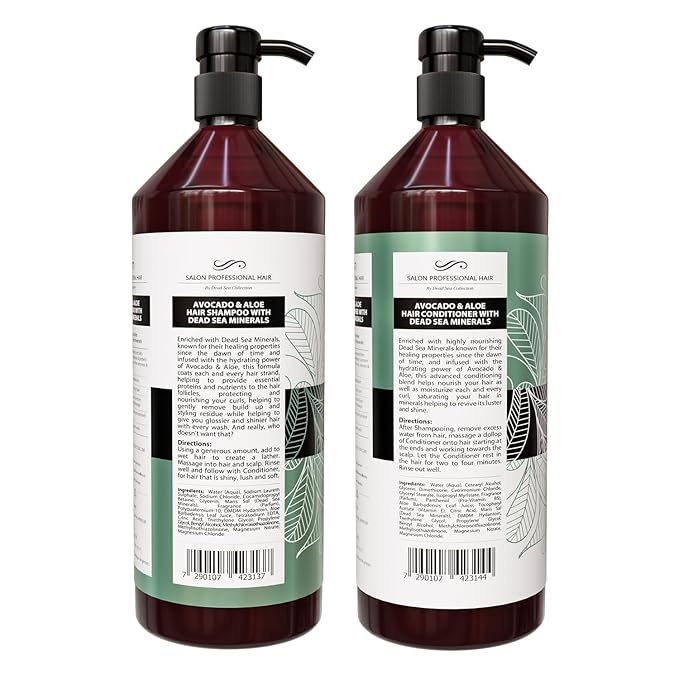 Dead Sea Collection Shampoo and Conditioner Set for Curly Hair - Pure Dead Sea Minerals, Avocado and Aloe – Professional Hair Care - Softening and Moisturizing - Pack of 2 (33.8 & 30.6 Fl. Oz)