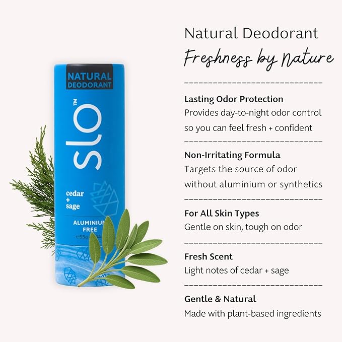 Slo | Natural Deodorant - All Natural Ingredients, Vegan & Cruelty Free, Compostable Packaging | Cedar + Sage, (1.94oz/55g)