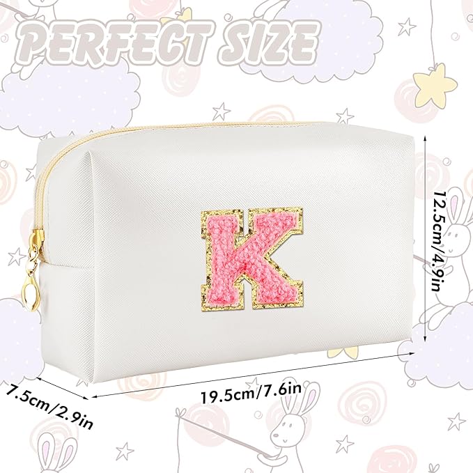 URSKYTOUS Initial Makeup Bag Personalized Preppy Travel Small Cosmetic Bag Cute PU White Chenille Letter Makeup Pouch for Purse Waterproof Zippered Toiletry Organizer for Women Girls Kids Friends (K)