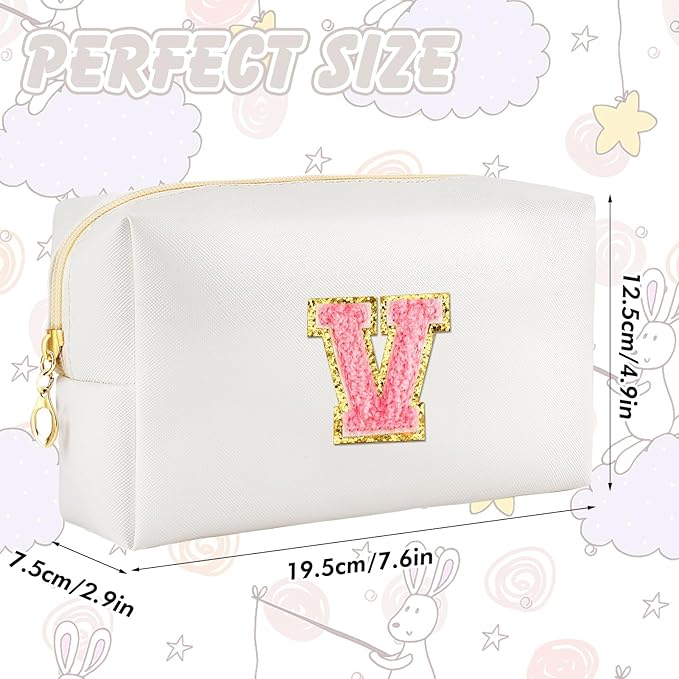 URSKYTOUS Initial Makeup Bag Personalized Preppy Travel Small Cosmetic Bag Cute PU White Chenille Letter Makeup Pouch for Purse Waterproof Zippered Toiletry Organizer for Women Girls Kids Friends (V)