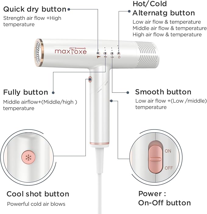 Hair Dryer, High-Speed Brushless Motor Ionic, Foldable and Portable 9Modes One Touch Switch with 1Diffuser, 1Nozzle and 1Concentrator Attachment for Home, Travel, White