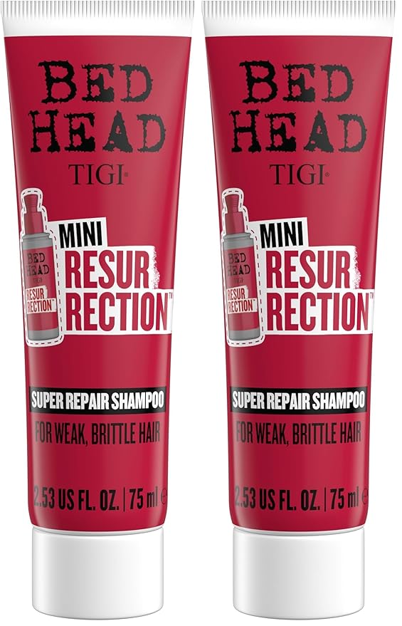Bed Head by TIGI Resurrection Super Repair Shampoo Travel Mini – Repairing shampoo for dry, brittle and damaged hair with added moisture and nourishment, 2.53 fl oz (Pack of 2)