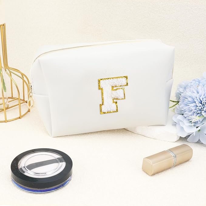 URSKYTOUS Gifts for Girls Initial Makeup Bag Personalized Cosmetic Bag with Zipper Cute Travel Toiletry Bags Waterproof PU Preppy Makeup Pouch Birthday Gift for Teen Girls Women(White F)