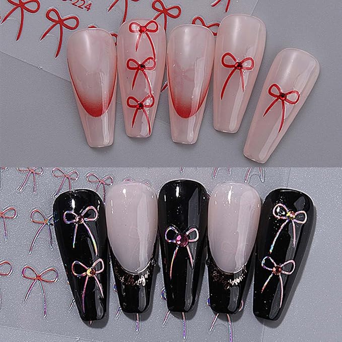 Cute Bow Nail Art Stickers 8 Sheets - Self-Adhesive Nail Decals Glossy Finish, Colors: Black, White, Red, Gold & Aurora, 3D Embossed Nail Stickers for Women DIY