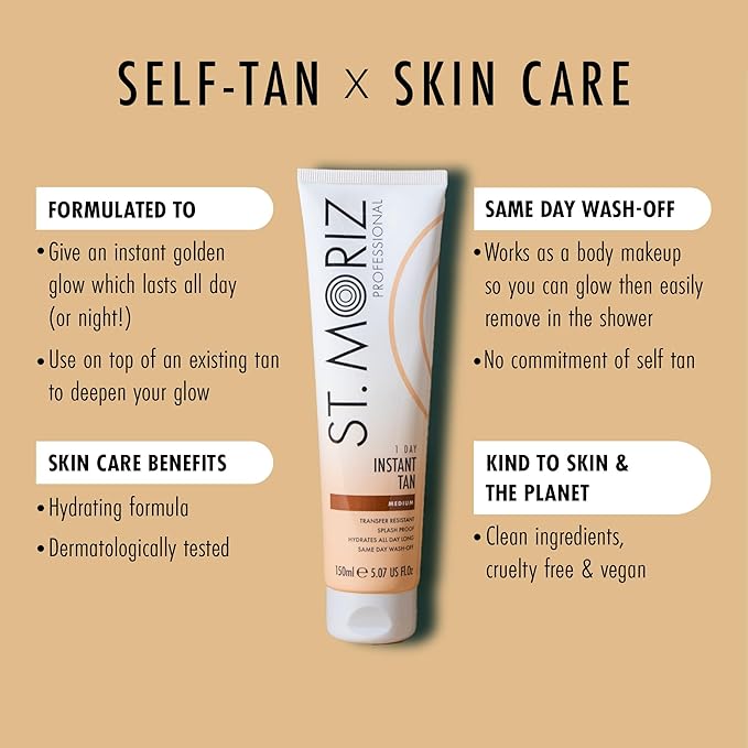 St. Moriz Professional Medium Instant Tan – 1 Day Wash-Off Fake Tan Lotion with Aloe Vera & Vitamin E – Fast-Drying, Transfer-Resistant, Vegan, 150ml