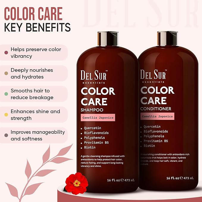 DEL SUR Color Safe Shampoo and Conditioner Set | 16 fl oz Each | with Camellia Japonica, Quercetin & Biotin | Color Protecting, Hydrating & Anti Frizz Care for Color Treated Hair