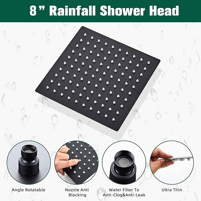 LCEVCGK Shower Head Matte Black, Shower Faucet Set Bathroom Shower System with 8 inch Square Rain Shower Head Wall Mounted with 3-Setting Handheld Spray, Rainfall Shower Combo Set