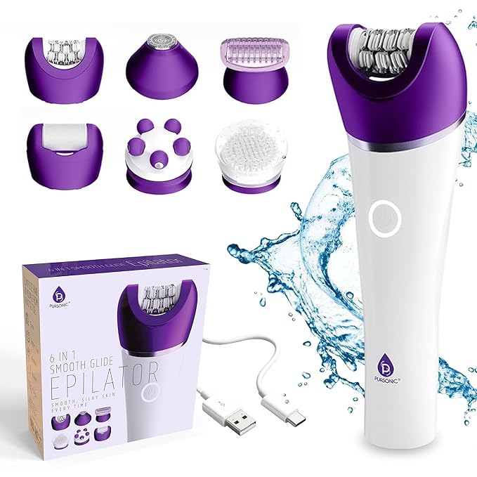 Pursonic 6-in-1 Smooth Glide Epilator for Women, Wet & Dry Electric Hair Removal Device with LED Light, Callus Remover, Exfoliating Brush, Shaver Head, Massage Attachment, Rechargeable Battery