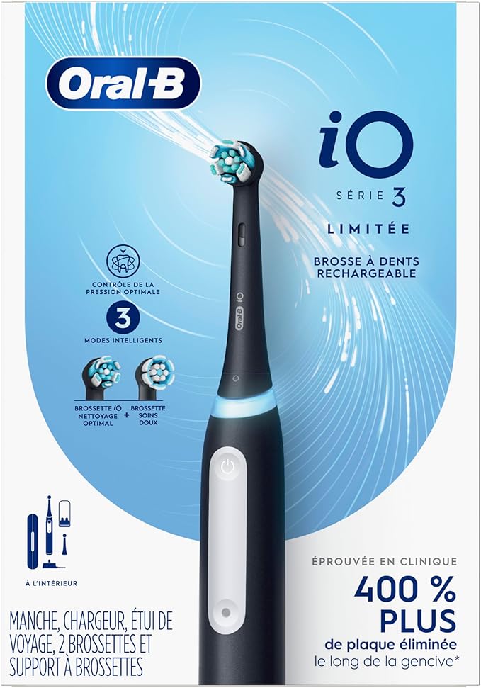 Oral-B iO Deep Clean Rechargeable Electric Toothbrush, Black, iO Series 3 Limited, 2 Brush Heads, Travel Case, Pressure Sensor, 3 Cleaning Settings