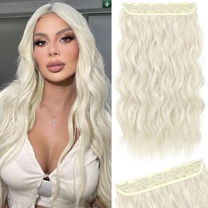 REECHO Blonde Hair Extensions, 20” One Piece Clip in Hair Extensions Thick Long Beach Wavy Natural Soft Synthetic Hairpieces for Women, Platinum Blonde