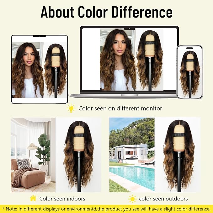 AISI HAIR Long Wavy Brown with Blonde Highlight Lace Hairline Wigs for Women, Middle Part Synthetic Heat Resistant Wig for Daily Party-26 Inch
