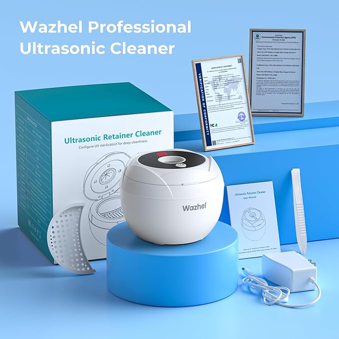 Ultrasonic Retainer Cleaner Machine, 45kHz Dental Cleaning Pod for Denture, Mouth Guard, Night Guard, Aligner, Braces, Toothbrush, 200ML Denture Cleaner with Digital Timer & 4 Modes, White