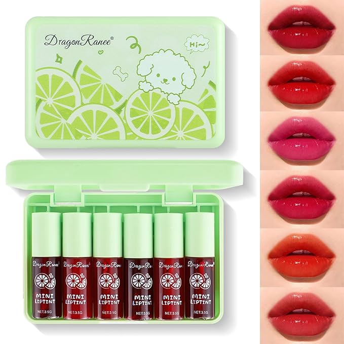 6 Colors lemon Lip Tint Stain Set, Korean Velvet Lip Stain Lip Gloss Lip Tint Stain Mini Liquid Lipstick, Long lasting Waterproof Non-Stick Cup Multi-Use Lip and Cheek Tint, High Pigment, Vivid Color