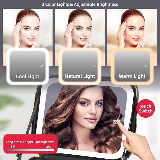 RRtide Travel Makeup Bag with Mirror of LED Lighted, Makeup Train Case with Adjustable Dividers, Makeup Case with Mirror and Detachable 10x Magnifying Mirror