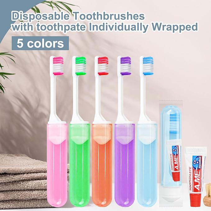 Twoworld Traveling Toothbrush and Toothpaste 3gram, Disposable Mini Toothbrush With Cover, Bulk Folding Toothbrushes Camping Hiking (50 Count)