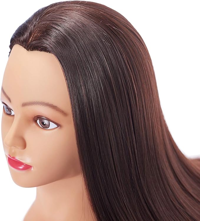Hairingrid 26"-28" Mannequin Head Hair Styling Training Head Manikin Cosmetology Doll Head Synthetic Fiber Hair and Free Clamp Holder Stand (Dark brown)
