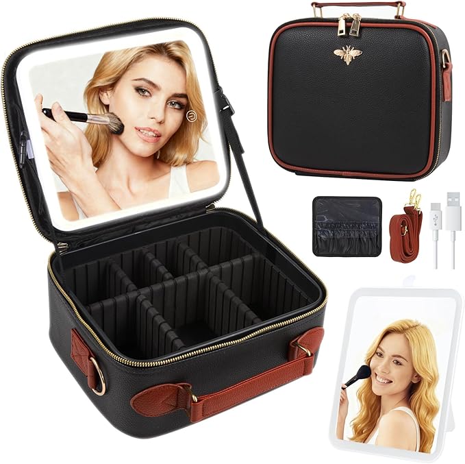 GIUWESOY Travel Makeup Bag with Light Up Mirror, Portable Makeup Bag with Led Light Women Waterproof Makeup Travel Case adjustable dividers Rechargeable Vanity Mirror with 3 Color Lights (Black)
