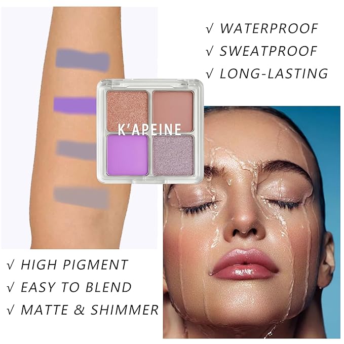 K'APEINE 4-Color Eyeshadow Palette, Purple Eyeshadow Quad Natural Matte Eyeshadows Makeup Palette Highly Pigmented Long-Lasting for Women Girls Party,Music Festival, Stage Performance,Appointment