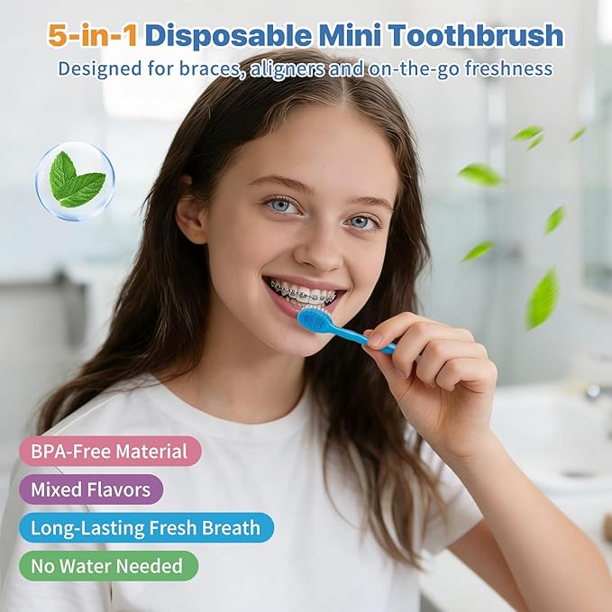 5-in-1 Disposable Toothbrush with Toothpaste (24 Pack), Individually Wrapped Mini Travel Toothbrush, Soft Bristles, Dental Floss, Toothpick & Tongue Scraper, No Water Needed, 4 Flavors