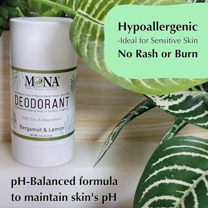 MONA BRANDS All Natural Magnesium Deodorant for Women & Men | Baking Soda & Aluminum Free (Bergamot Lemon) 2.65oz