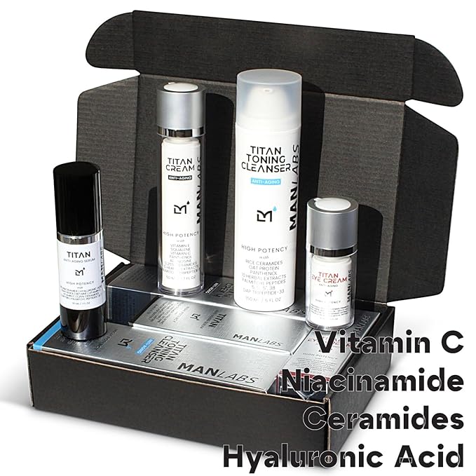 Man Labs Titan Sports Anti-Aging Mens Skin Care Kit – Cleanser, Face Serum, Mens Eye Cream, Face Moisturizer – Skin Care Men – Dark Circles, Wrinkles, Fine Lines – Vitamin C, Niacinamide, HA–Unscented